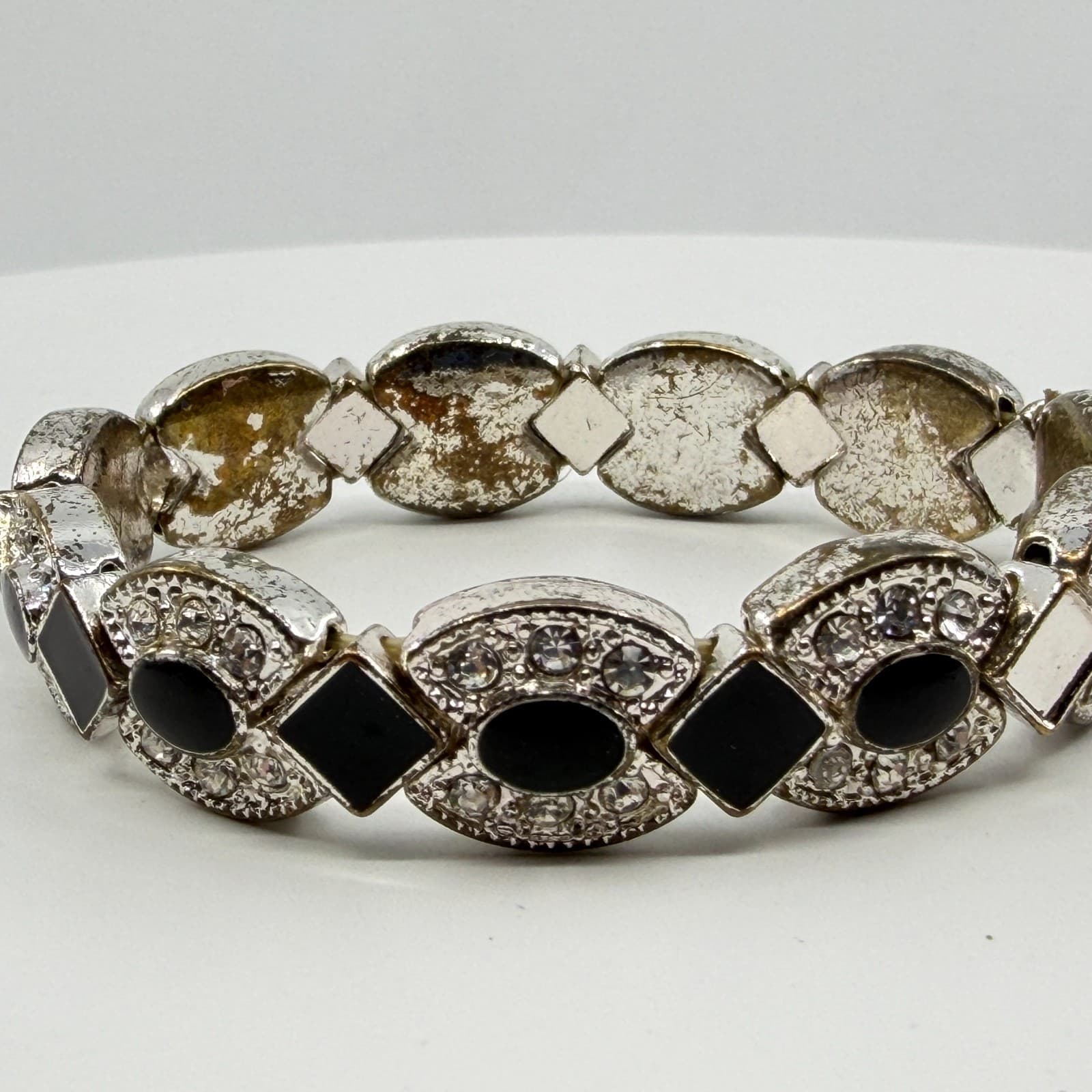 Black Stone Rhinestone Link Stretch Bracelet Silver Tone Boho Statement Jewelry - Thumbnail 2