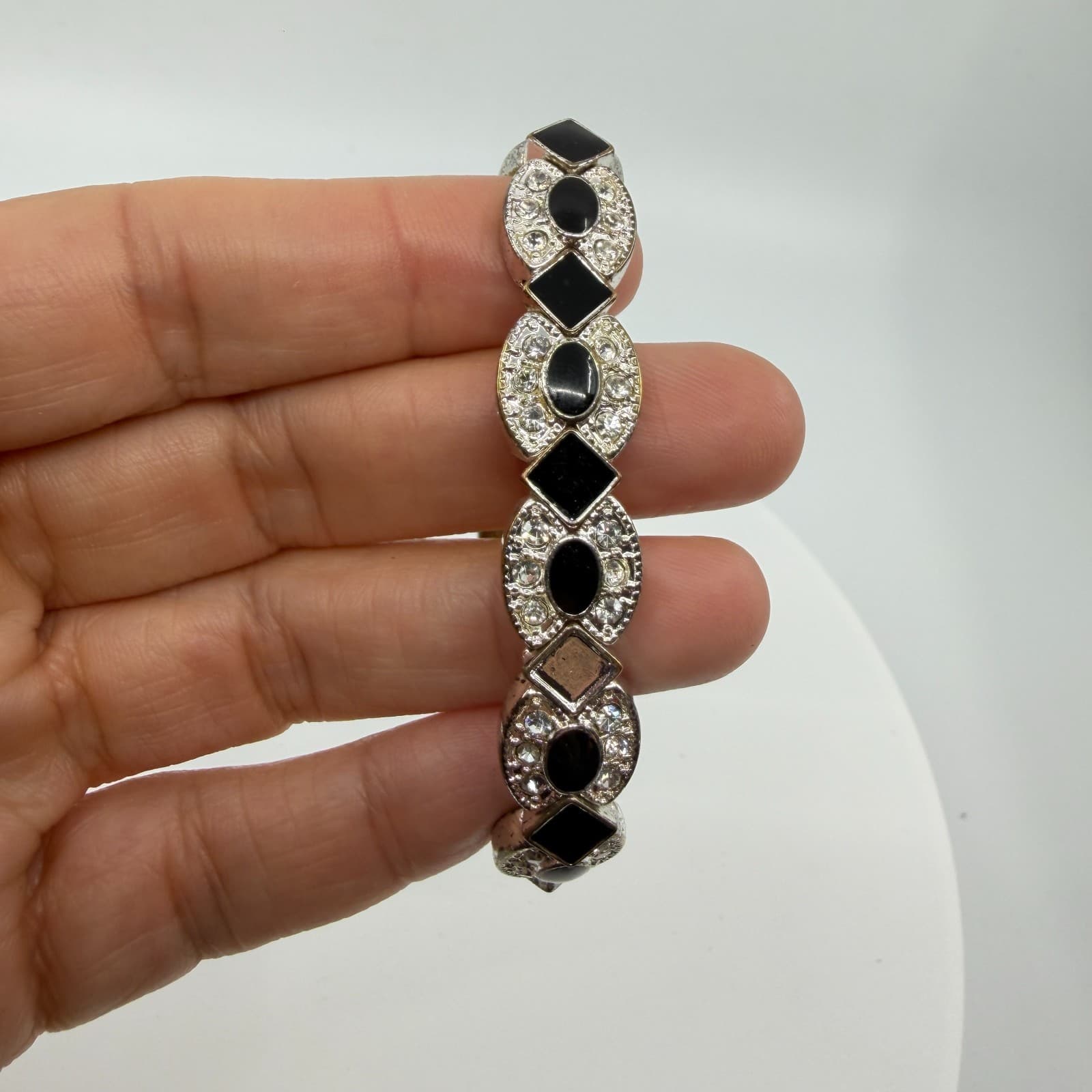 Black Stone Rhinestone Link Stretch Bracelet Silver Tone Boho Statement Jewelry - Thumbnail 6