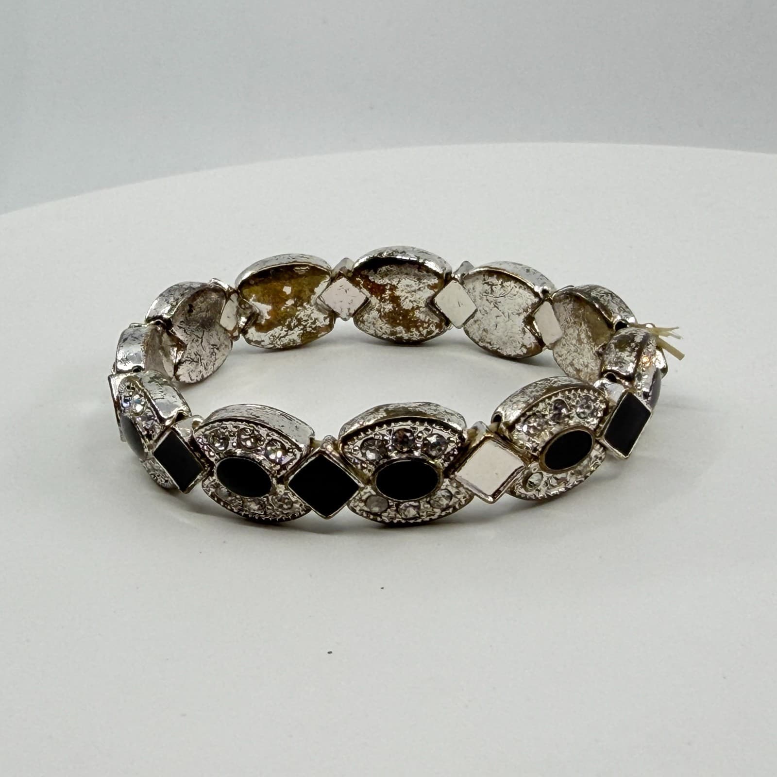 Black Stone Rhinestone Link Stretch Bracelet Silver Tone Boho Statement Jewelry - Thumbnail 5