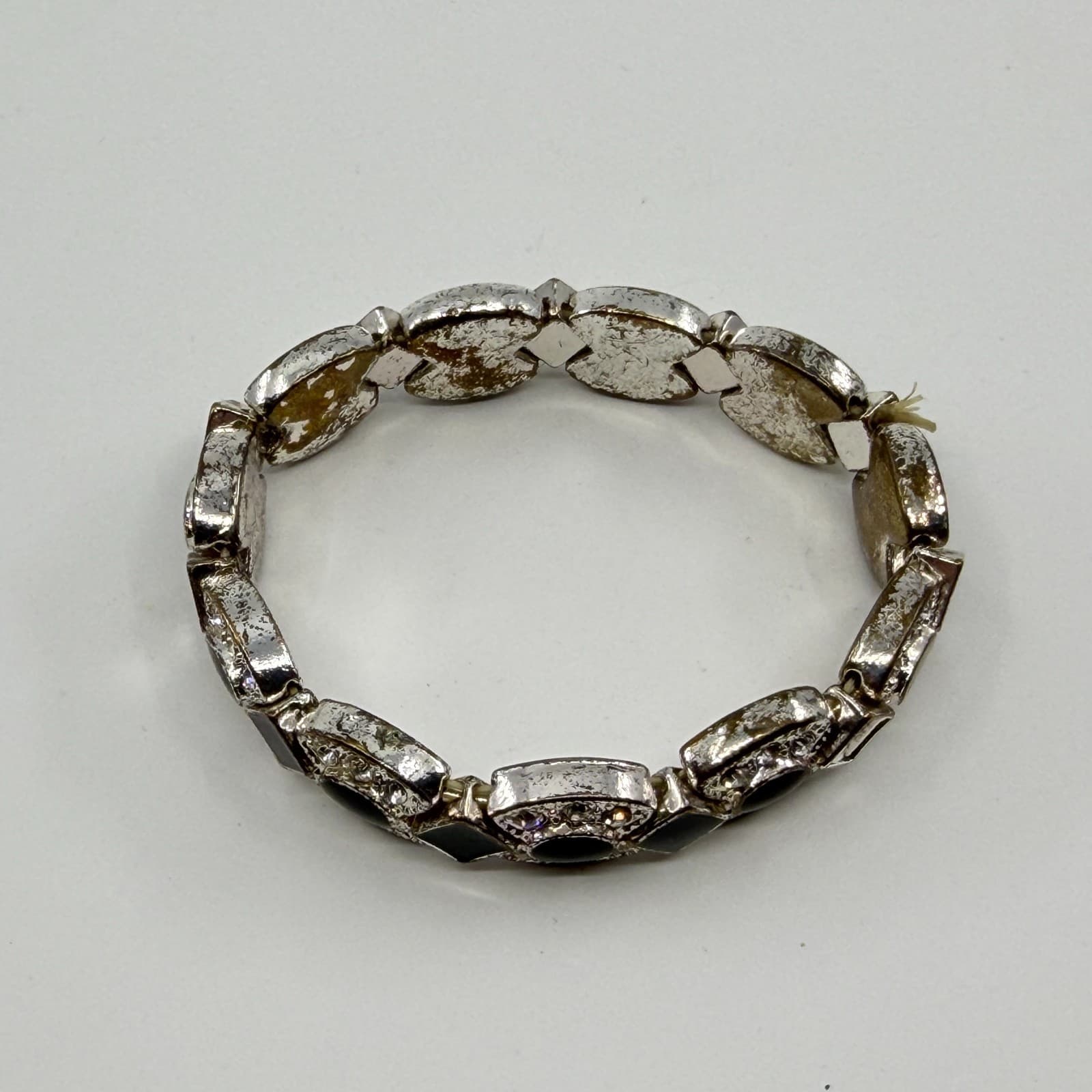Black Stone Rhinestone Link Stretch Bracelet Silver Tone Boho Statement Jewelry - Thumbnail 4