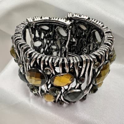 Vintage 90s Silver Tone Wide Cuff Bracelet Amber Glass Boho Fashion Jewelry - Thumbnail 2