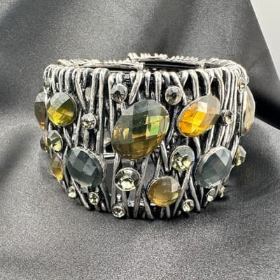 Vintage 90s Silver Tone Wide Cuff Bracelet Amber Glass Boho Fashion Jewelry - Thumbnail 5