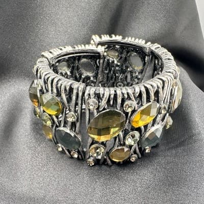 Vintage 90s Silver Tone Wide Cuff Bracelet Amber Glass Boho Fashion Jewelry - Thumbnail 6