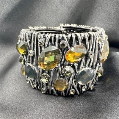 Vintage 90s Silver Tone Wide Cuff Bracelet Amber Glass Boho Fashion Jewelry - Thumbnail 7