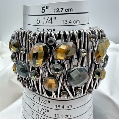 Vintage 90s Silver Tone Wide Cuff Bracelet Amber Glass Boho Fashion Jewelry - Thumbnail 9