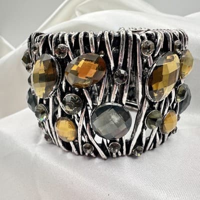 Vintage 90s Silver Tone Wide Cuff Bracelet Amber Glass Boho Fashion Jewelry - Thumbnail 3