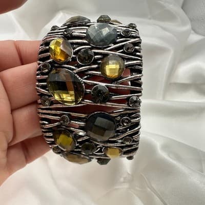 Vintage 90s Silver Tone Wide Cuff Bracelet Amber Glass Boho Fashion Jewelry - Thumbnail 8