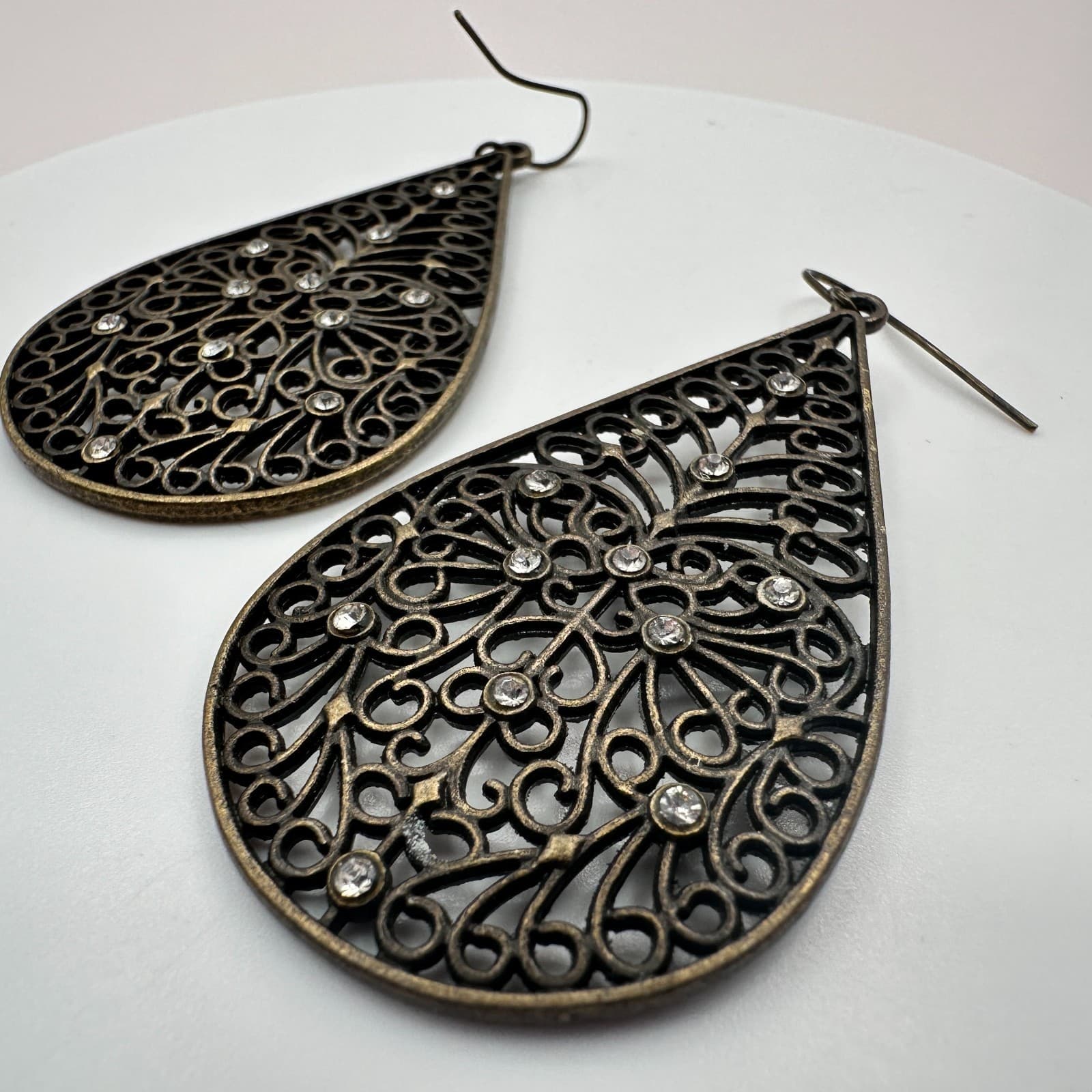 Vintage 90s Bronze Tone Filigree Teardrop Earrings Boho Glass Dangle Fashion Y2K - Thumbnail 4