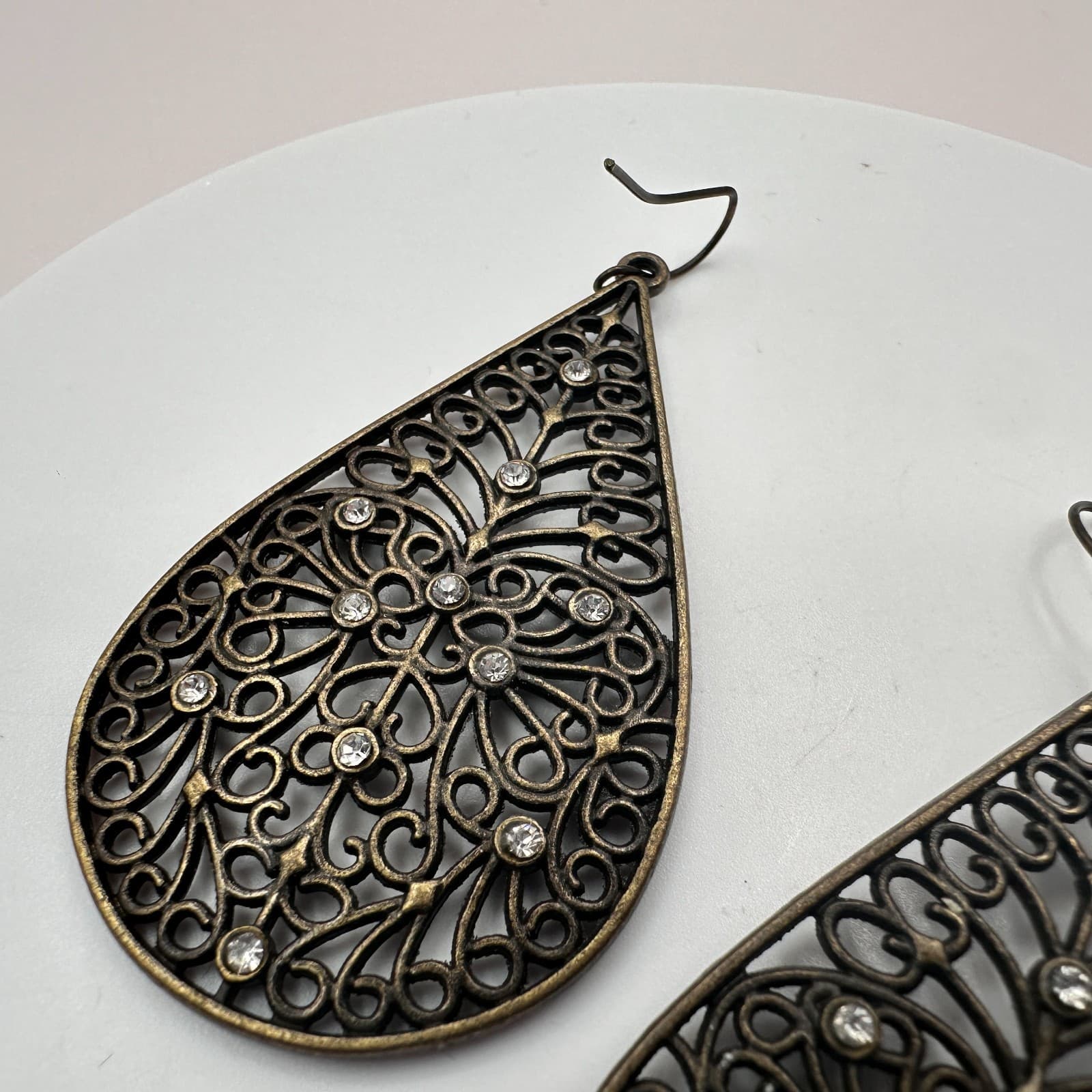 Vintage 90s Bronze Tone Filigree Teardrop Earrings Boho Glass Dangle Fashion Y2K - Thumbnail 7