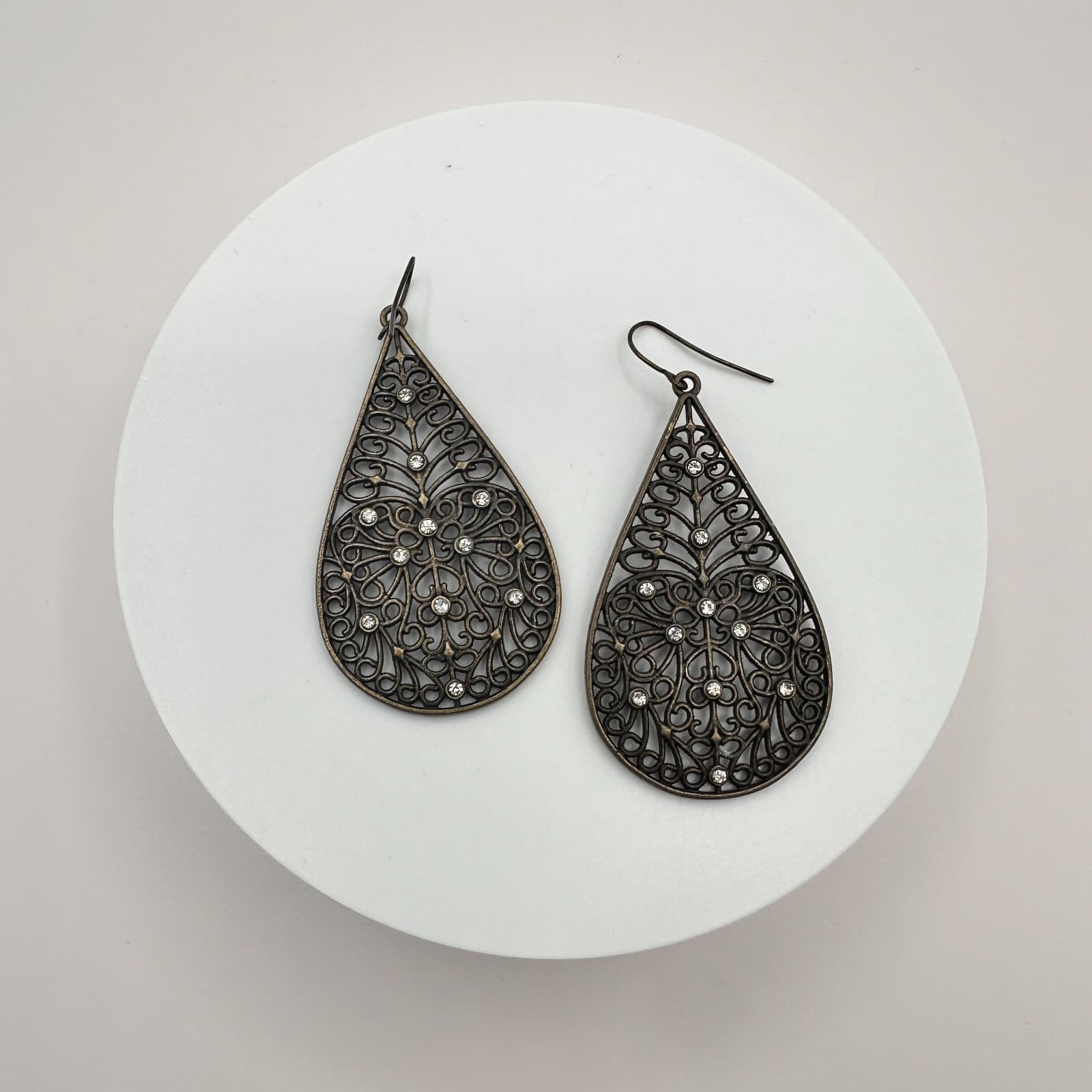 Vintage 90s Bronze Tone Filigree Teardrop Earrings Boho Glass Dangle Fashion Y2K - Thumbnail 2