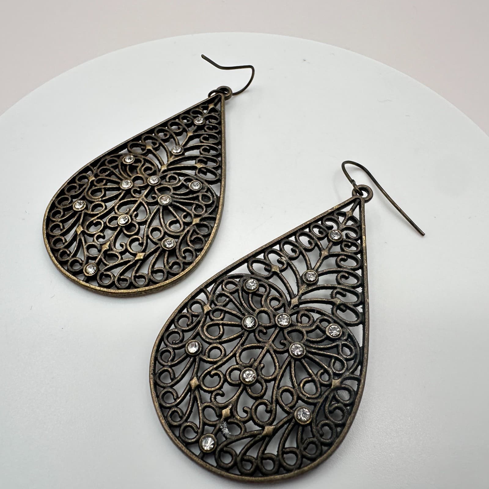 Vintage 90s Bronze Tone Filigree Teardrop Earrings Boho Glass Dangle Fashion Y2K - Thumbnail 5