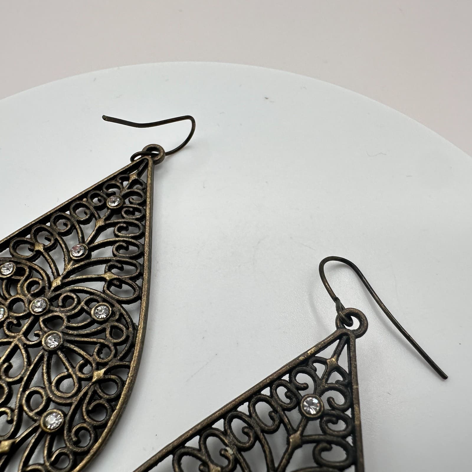 Vintage 90s Bronze Tone Filigree Teardrop Earrings Boho Glass Dangle Fashion Y2K - Thumbnail 6