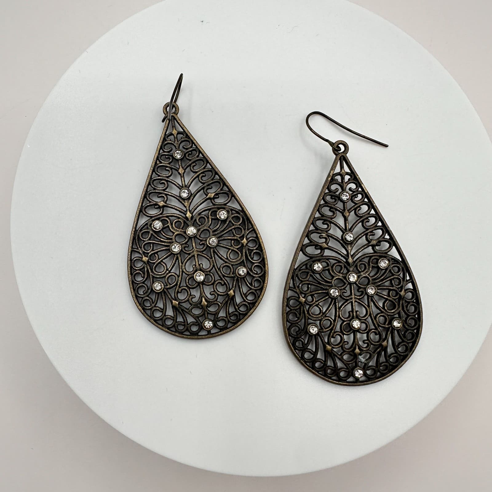 Vintage 90s Bronze Tone Filigree Teardrop Earrings Boho Glass Dangle Fashion Y2K - Thumbnail 3