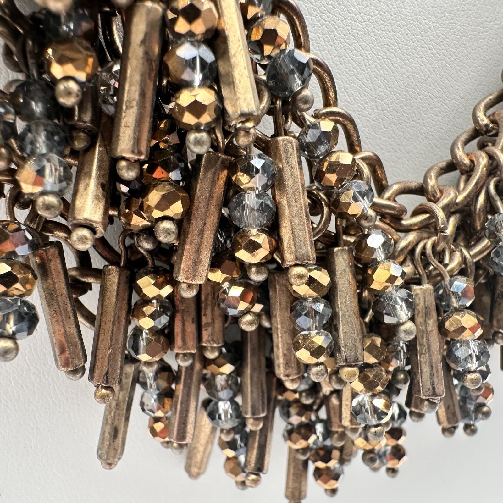 Vintage 90s Bronze Tone Statement Bib Necklace Glass Bead Tassel Fringe Fashion - Thumbnail 8