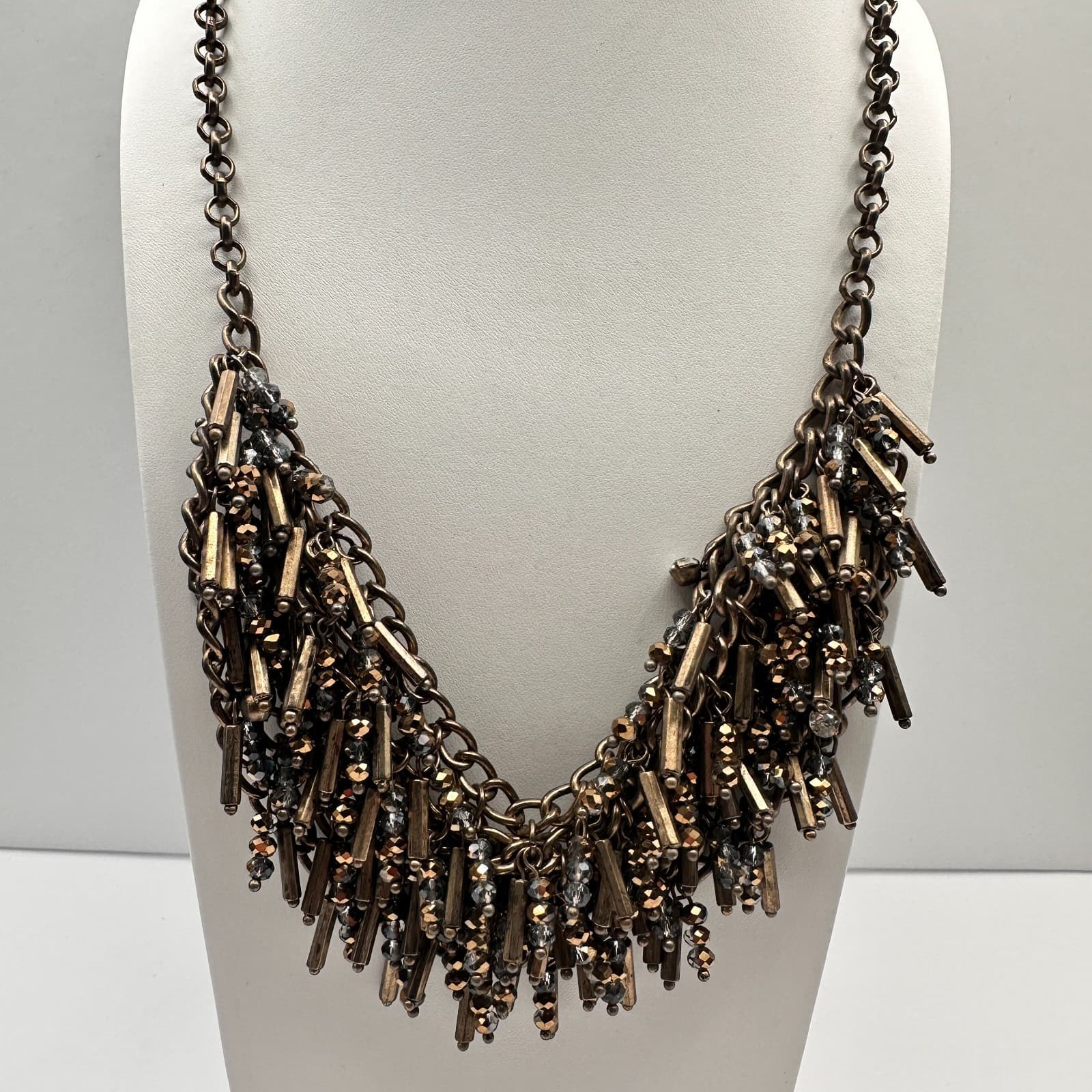 Vintage 90s Bronze Tone Statement Bib Necklace Glass Bead Tassel Fringe Fashion - Thumbnail 5