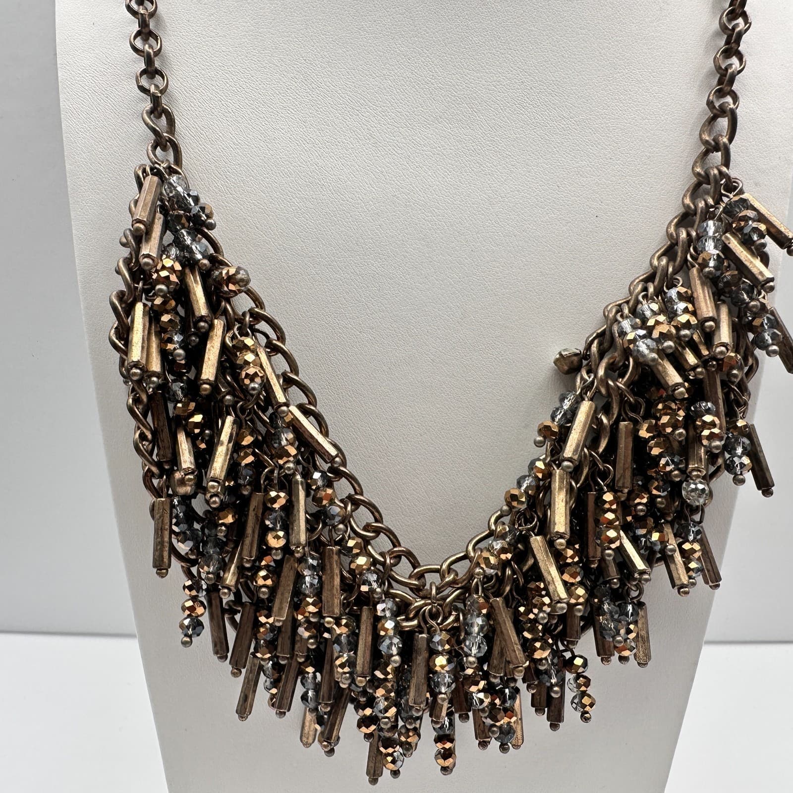 Vintage 90s Bronze Tone Statement Bib Necklace Glass Bead Tassel Fringe Fashion - Thumbnail 3