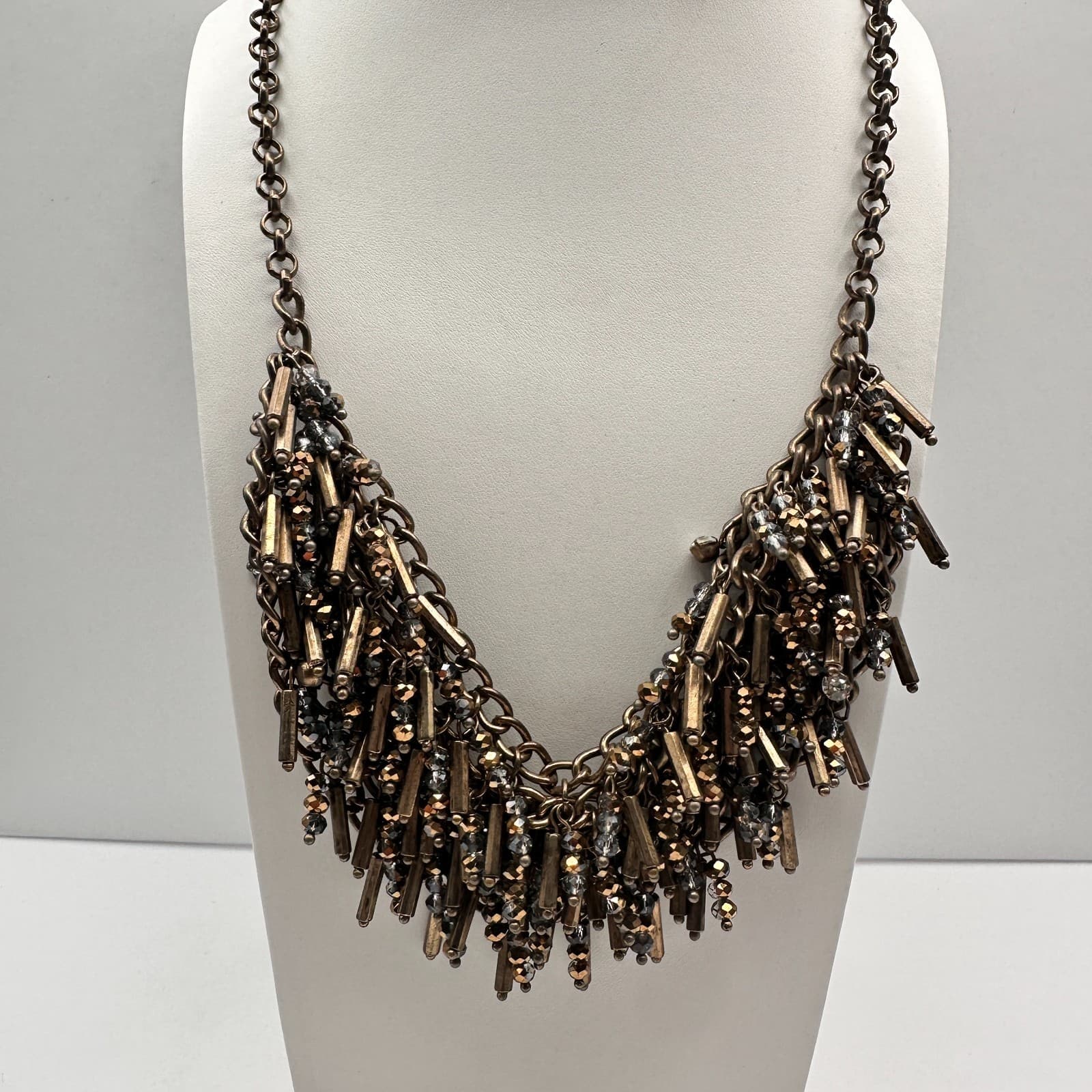 Vintage 90s Bronze Tone Statement Bib Necklace Glass Bead Tassel Fringe Fashion - Thumbnail 6