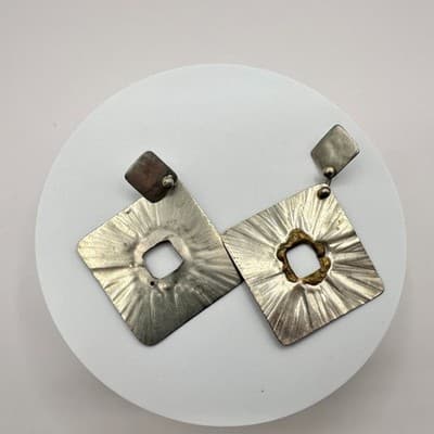 Vintage 80s Hammered Silver Tone Abstract Square Dangle Earrings Brutalist Boho - Thumbnail 2