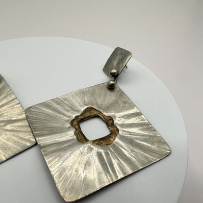 Vintage 80s Hammered Silver Tone Abstract Square Dangle Earrings Brutalist Boho - Thumbnail 5