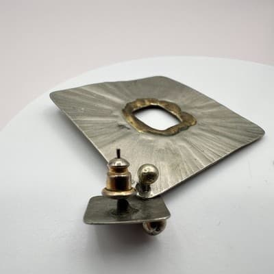 Vintage 80s Hammered Silver Tone Abstract Square Dangle Earrings Brutalist Boho - Thumbnail 6