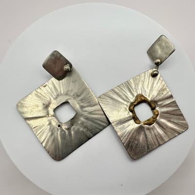 Vintage 80s Hammered Silver Tone Abstract Square Dangle Earrings Brutalist Boho - Thumbnail 3