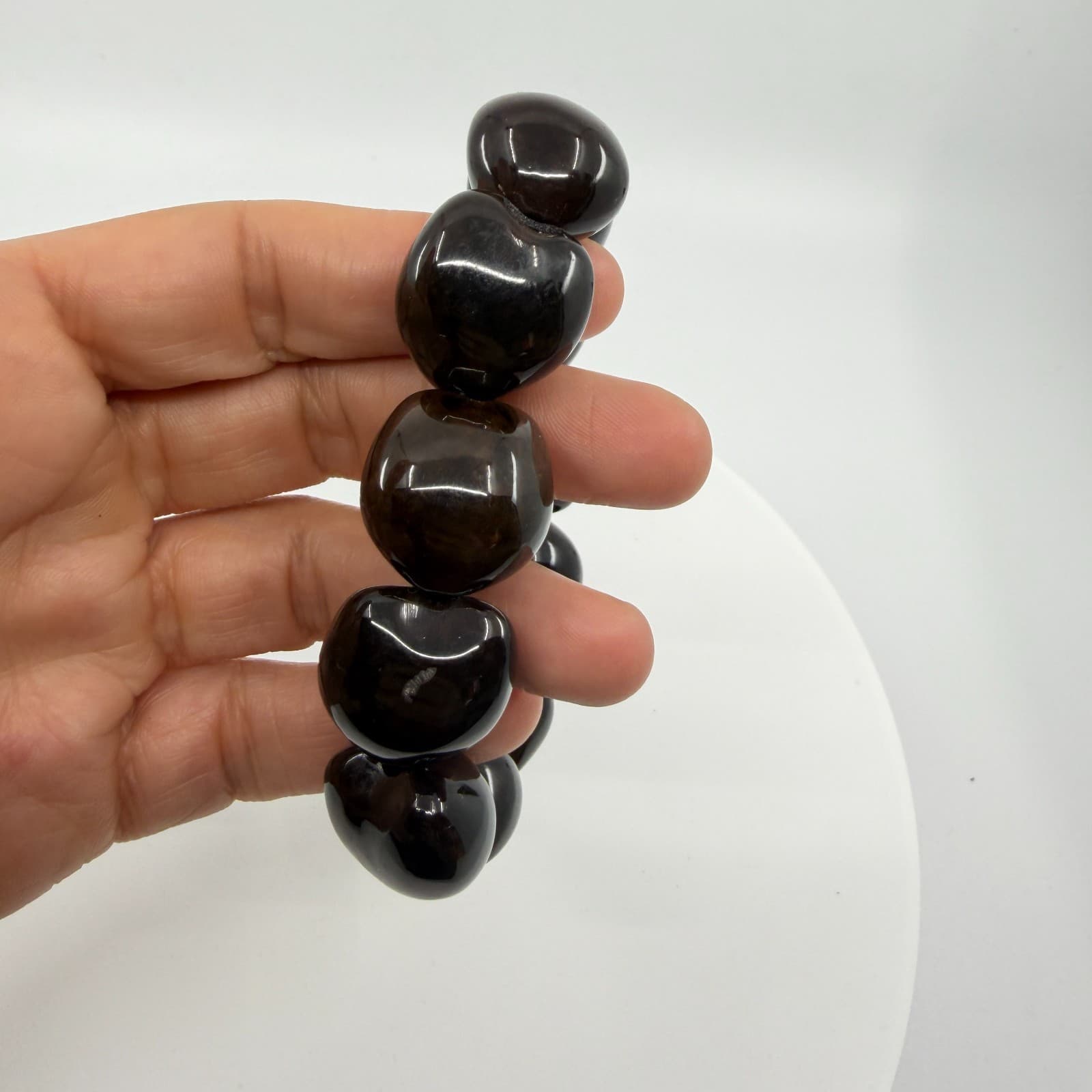 Chunky Black Polished Bead Bracelet Stretch Style Minimalist Statement Jewelry - Thumbnail 2