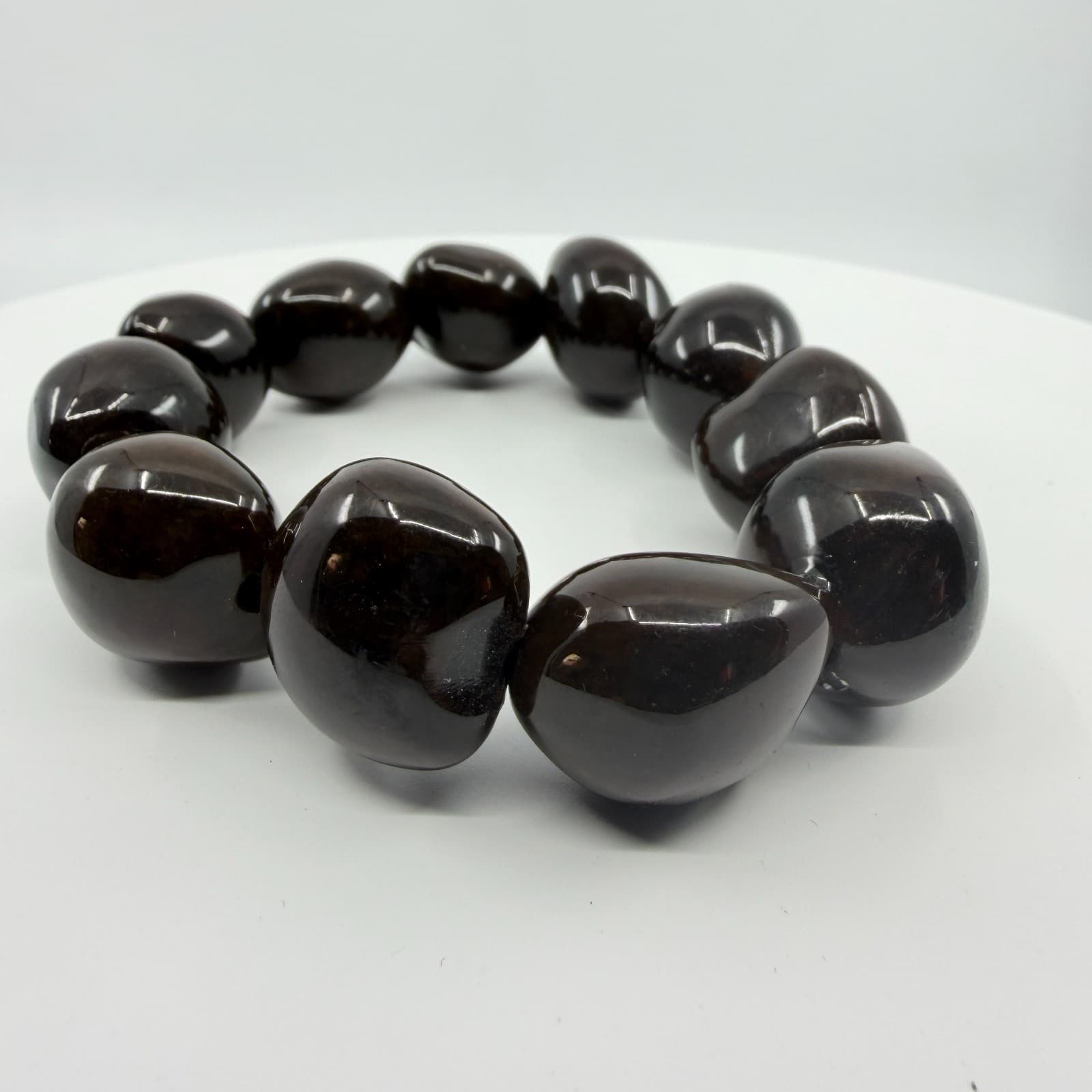 Chunky Black Polished Bead Bracelet Stretch Style Minimalist Statement Jewelry - Thumbnail 3