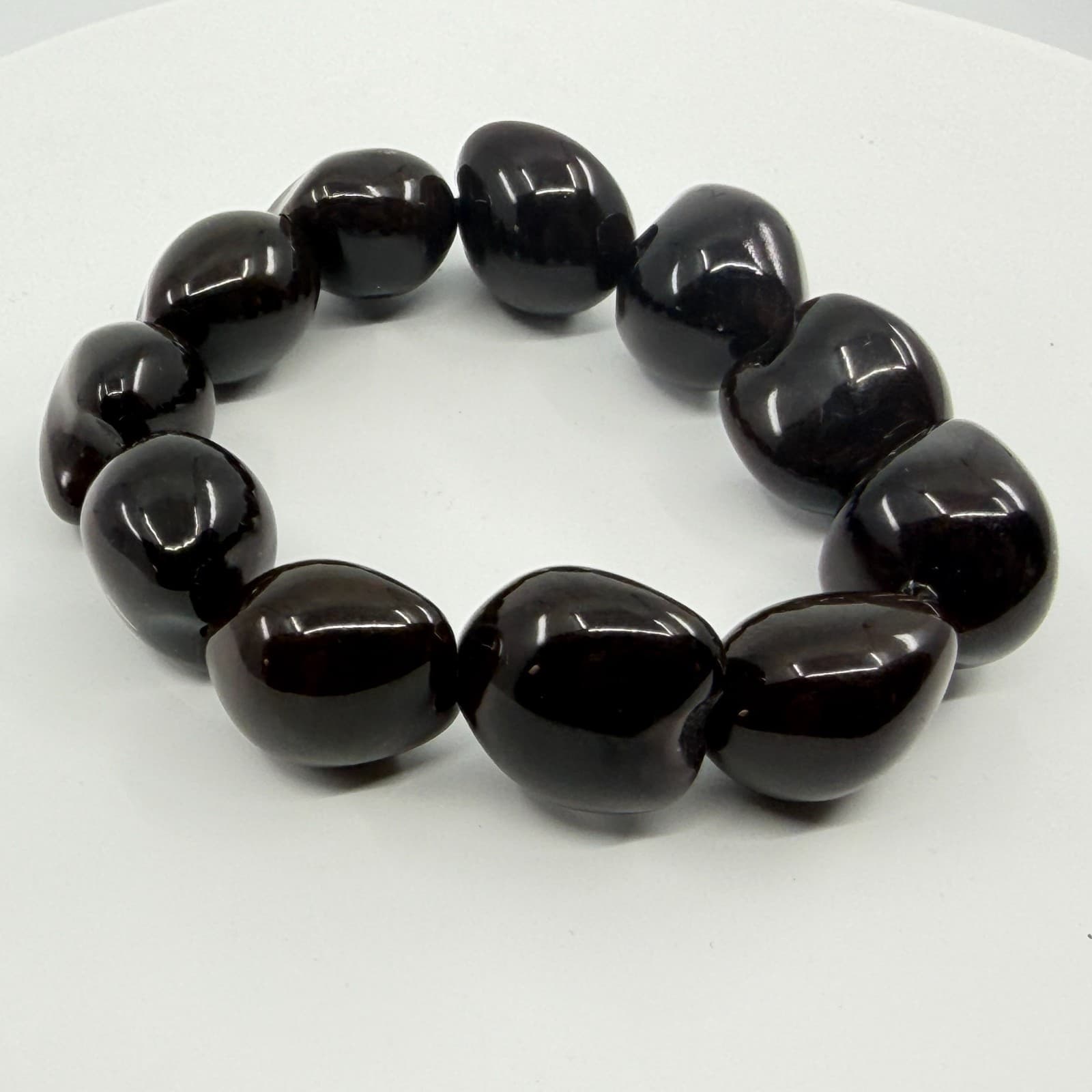 Chunky Black Polished Bead Bracelet Stretch Style Minimalist Statement Jewelry - Thumbnail 5