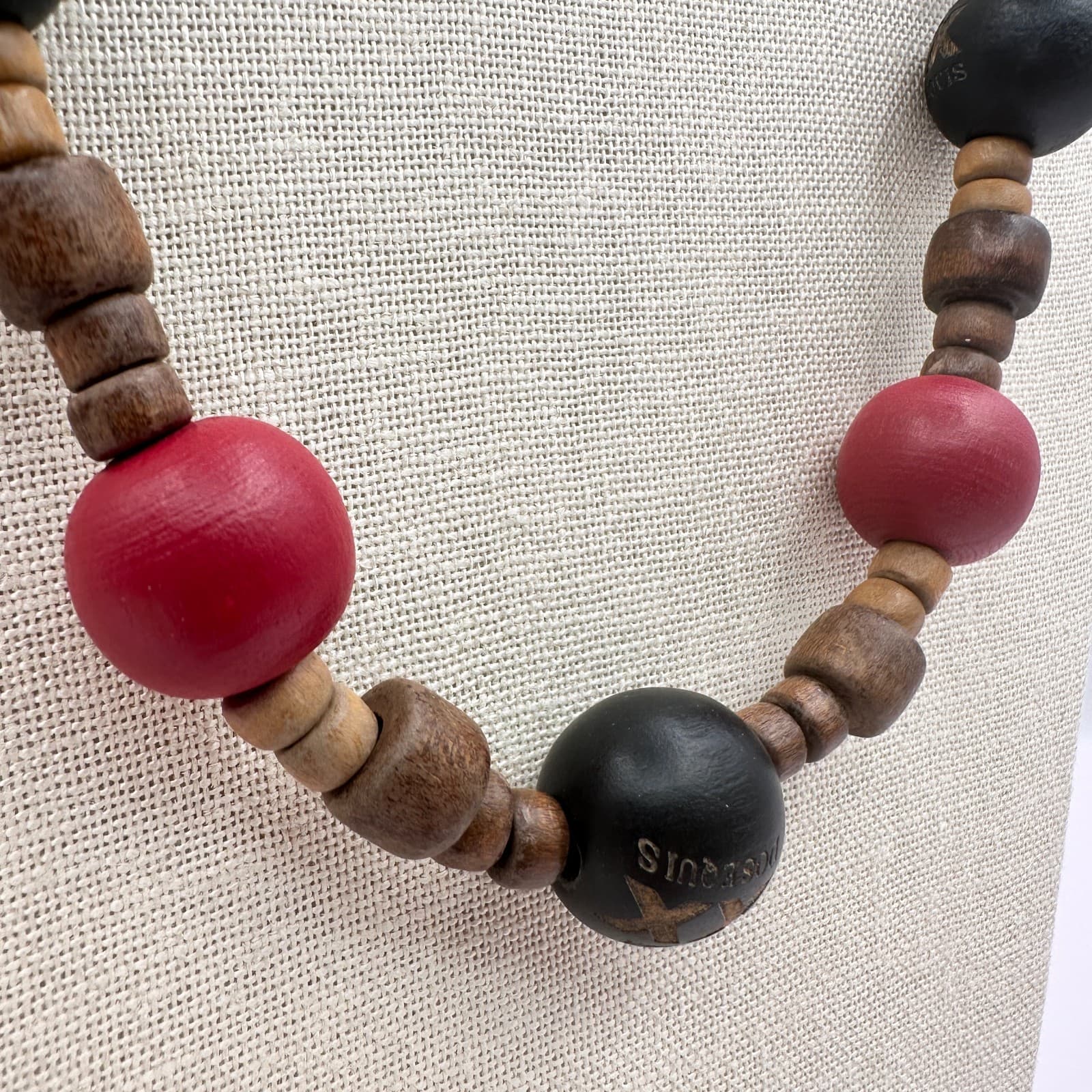 Vintage 90s Dos Equis Wood Bead Necklace Boho Tribal Women's Classic Jewelry - Thumbnail 3