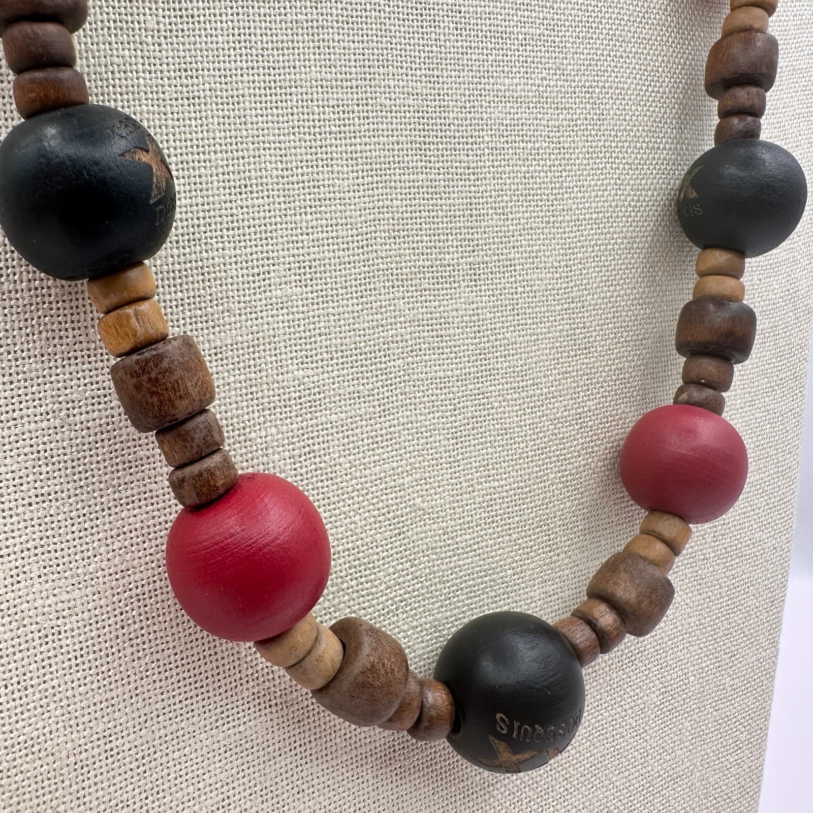 Vintage 90s Dos Equis Wood Bead Necklace Boho Tribal Women's Classic Jewelry - Thumbnail 2