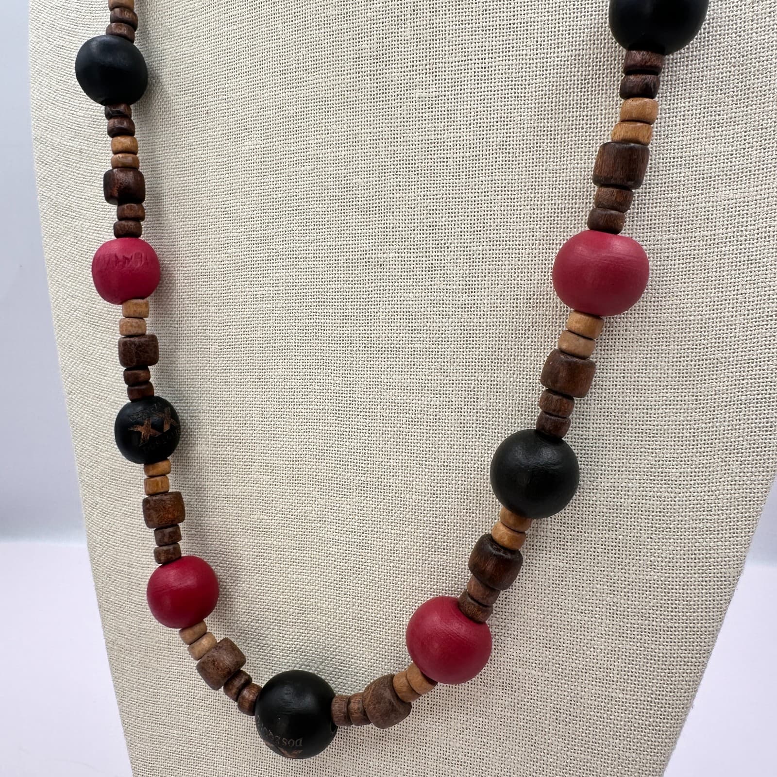 Vintage 90s Dos Equis Wood Bead Necklace Boho Tribal Women's Classic Jewelry - Thumbnail 4