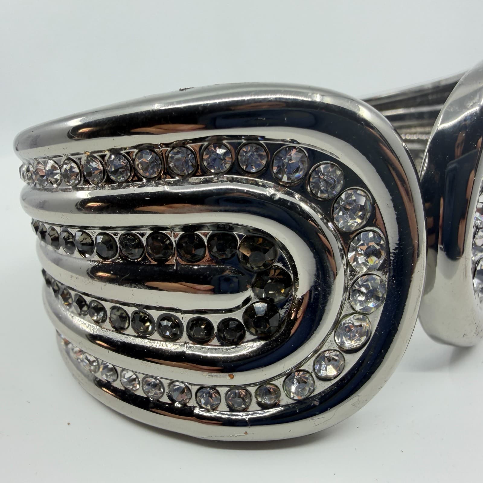 Y2K Statement Hinged Cuff Bracelet Silver Tone Rhinestones Bold Modern Design - Thumbnail 3