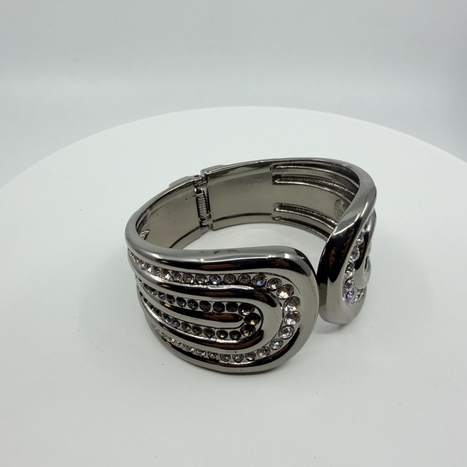 Y2K Statement Hinged Cuff Bracelet Silver Tone Rhinestones Bold Modern Design - Thumbnail 2
