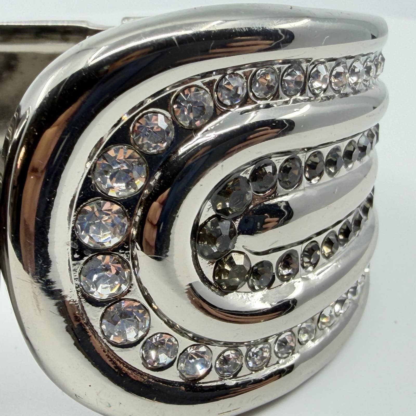 Y2K Statement Hinged Cuff Bracelet Silver Tone Rhinestones Bold Modern Design - Thumbnail 5
