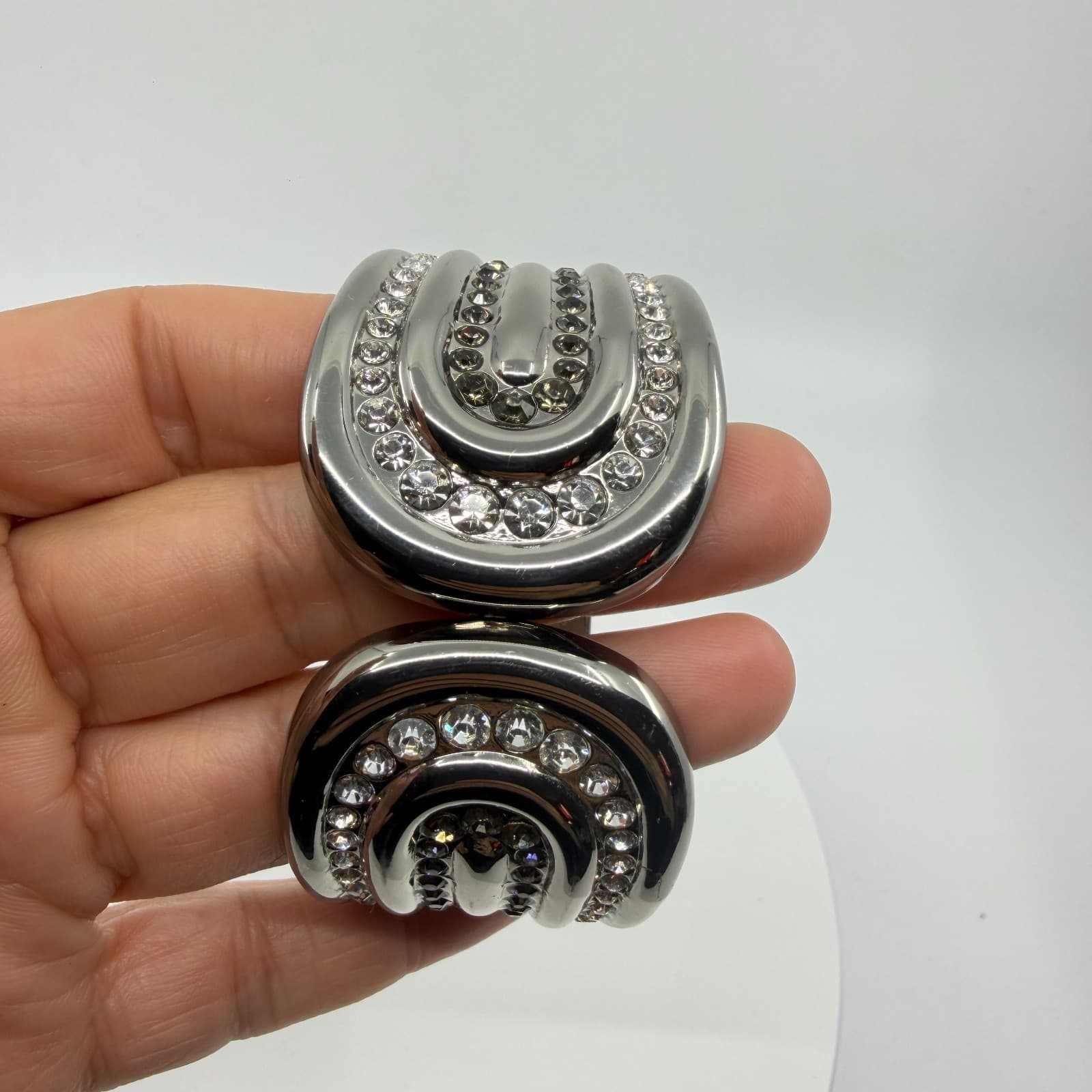 Y2K Statement Hinged Cuff Bracelet Silver Tone Rhinestones Bold Modern Design - Thumbnail 8