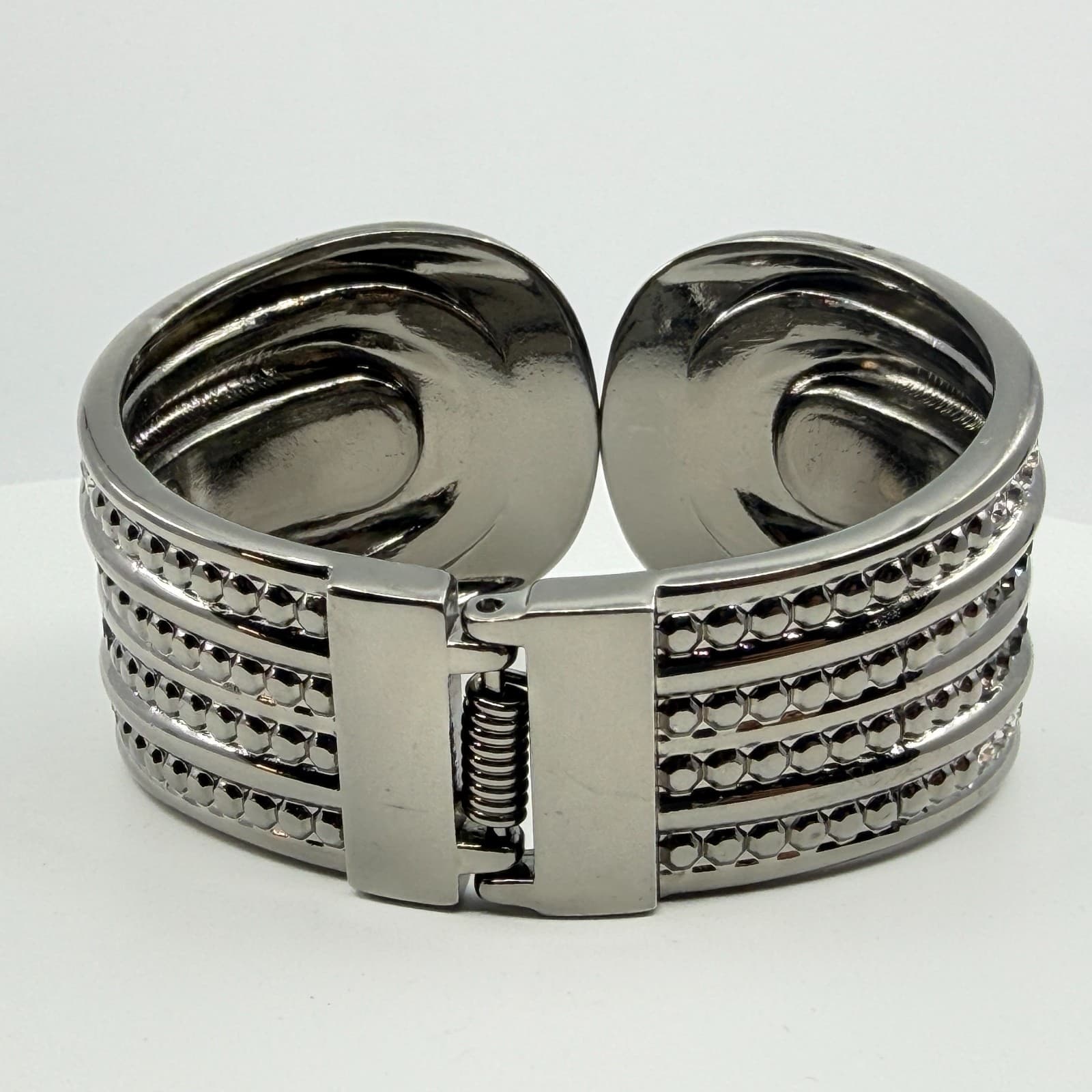 Y2K Statement Hinged Cuff Bracelet Silver Tone Rhinestones Bold Modern Design - Thumbnail 7