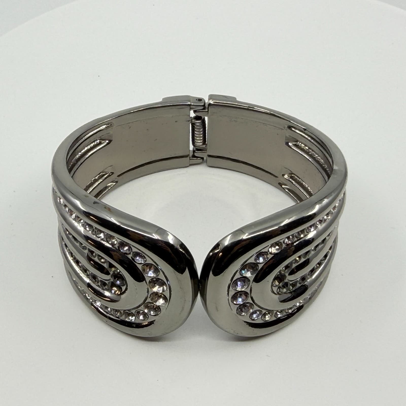 Y2K Statement Hinged Cuff Bracelet Silver Tone Rhinestones Bold Modern Design - Thumbnail 6