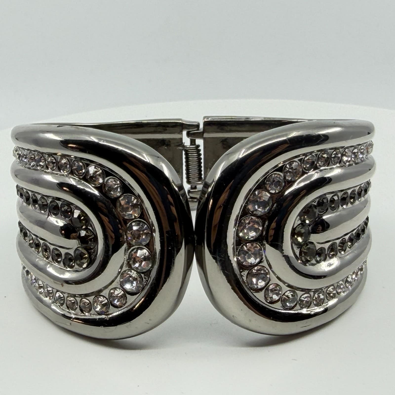 Y2K Statement Hinged Cuff Bracelet Silver Tone Rhinestones Bold Modern Design - Thumbnail 4