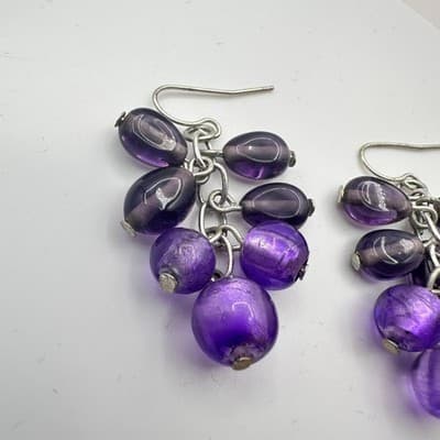 Vintage Y2K Purple Beaded Dangle Earrings Silver Tone Women's Classic Jewelry - Thumbnail 4