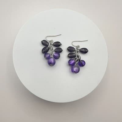 Vintage Y2K Purple Beaded Dangle Earrings Silver Tone Women's Classic Jewelry - Thumbnail 2