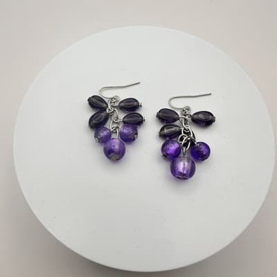 Vintage Y2K Purple Beaded Dangle Earrings Silver Tone Women's Classic Jewelry - Thumbnail 5