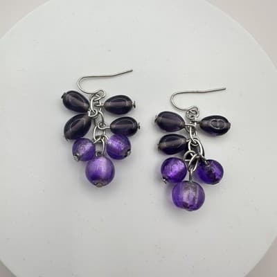 Vintage Y2K Purple Beaded Dangle Earrings Silver Tone Women's Classic Jewelry - Thumbnail 3