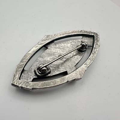 Vintage 90s Silver Tone Mother of Pearl Oval Marcasite Brooch Pin Jewelry - Thumbnail 5
