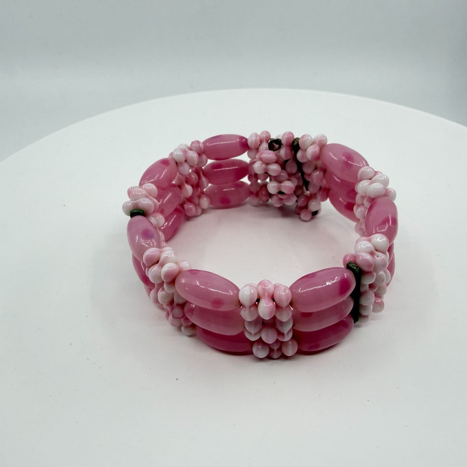 Triple Strand Pink Swirl Glass Bead Bracelet Romantic Cottagecore Jewelry Piece - Thumbnail 3