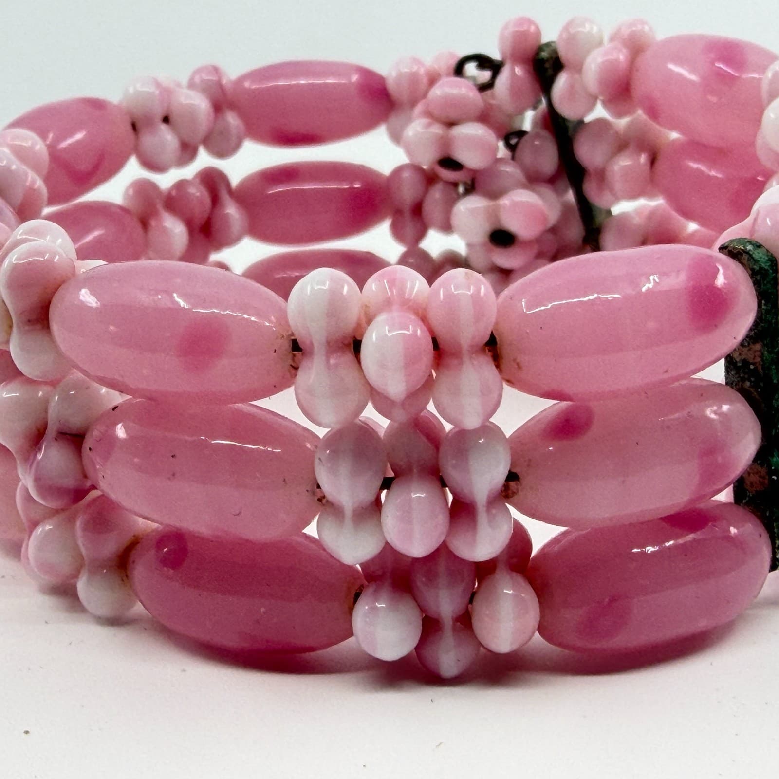 Triple Strand Pink Swirl Glass Bead Bracelet Romantic Cottagecore Jewelry Piece - Thumbnail 4