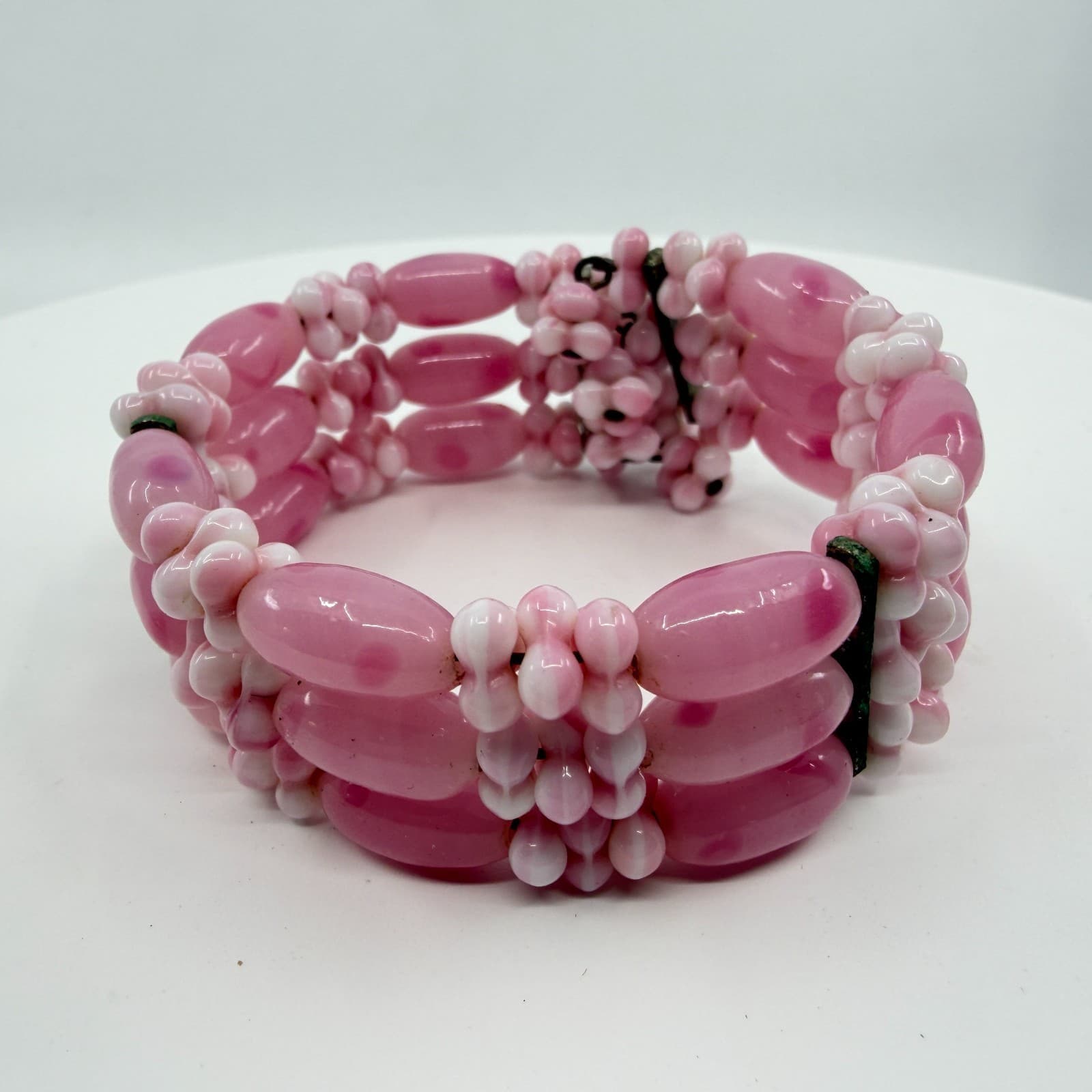 Triple Strand Pink Swirl Glass Bead Bracelet Romantic Cottagecore Jewelry Piece - Thumbnail 2