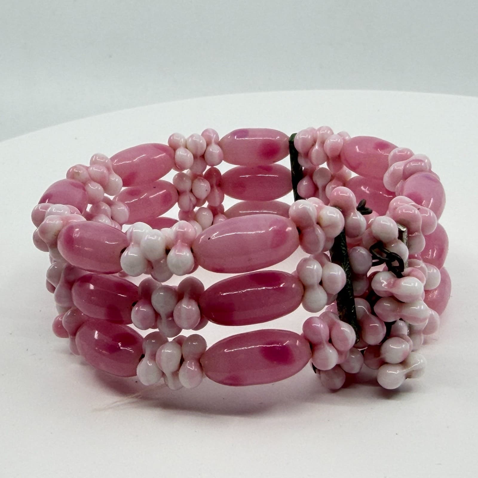 Triple Strand Pink Swirl Glass Bead Bracelet Romantic Cottagecore Jewelry Piece - Thumbnail 6