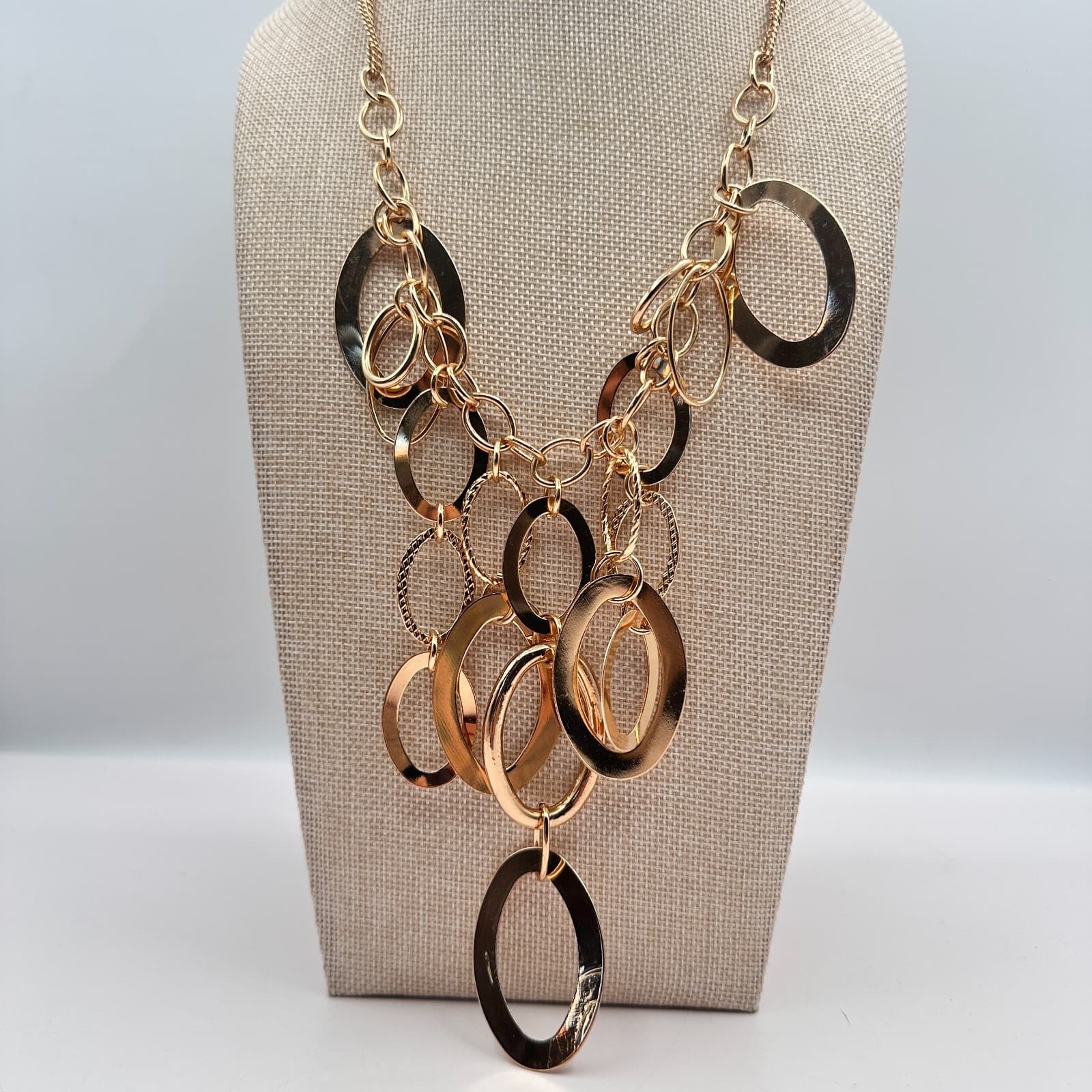 Vintage 90s Gold Tone Oval Link Bib Necklace Statement Women's Classic Jewelry - Thumbnail 6
