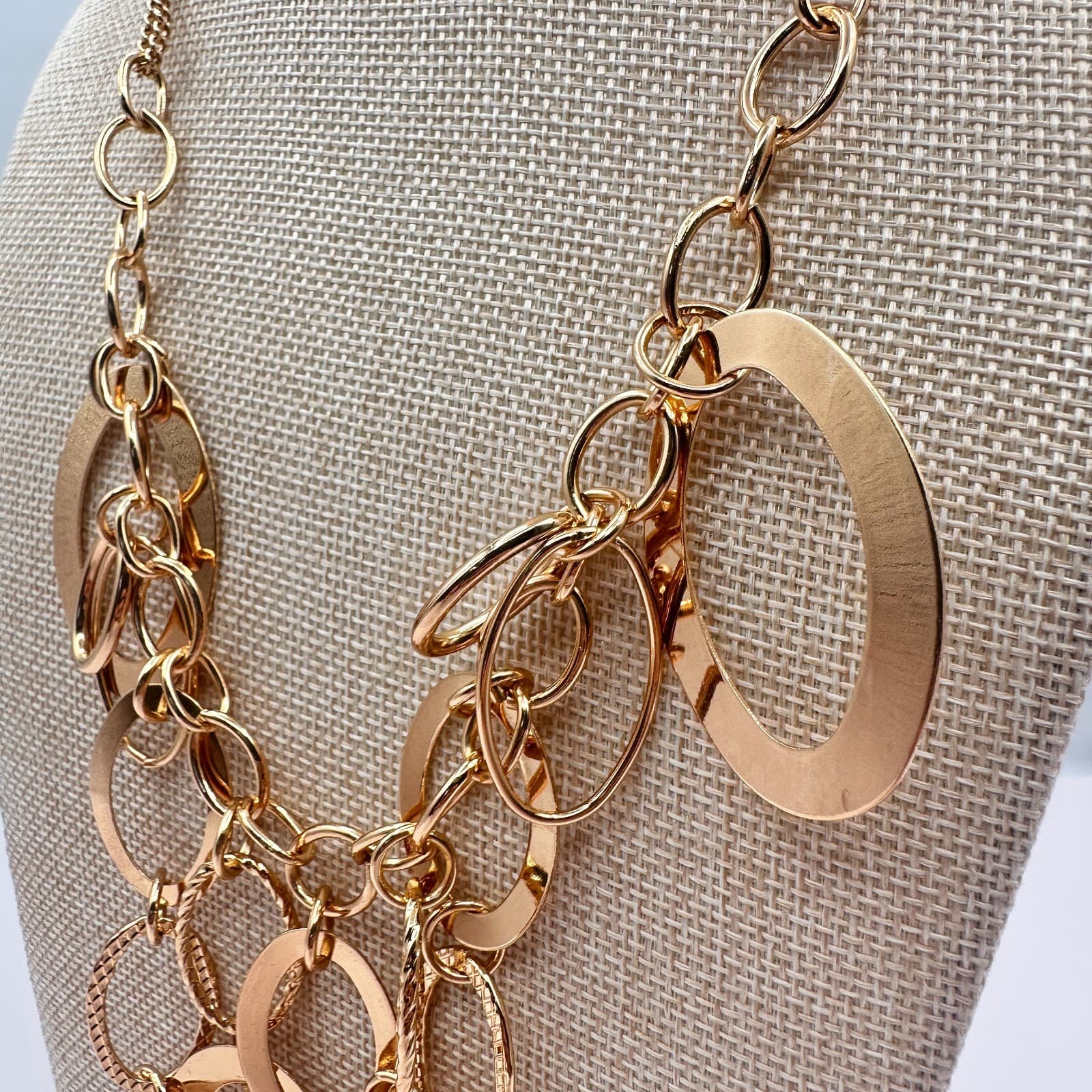 Vintage 90s Gold Tone Oval Link Bib Necklace Statement Women's Classic Jewelry - Thumbnail 10