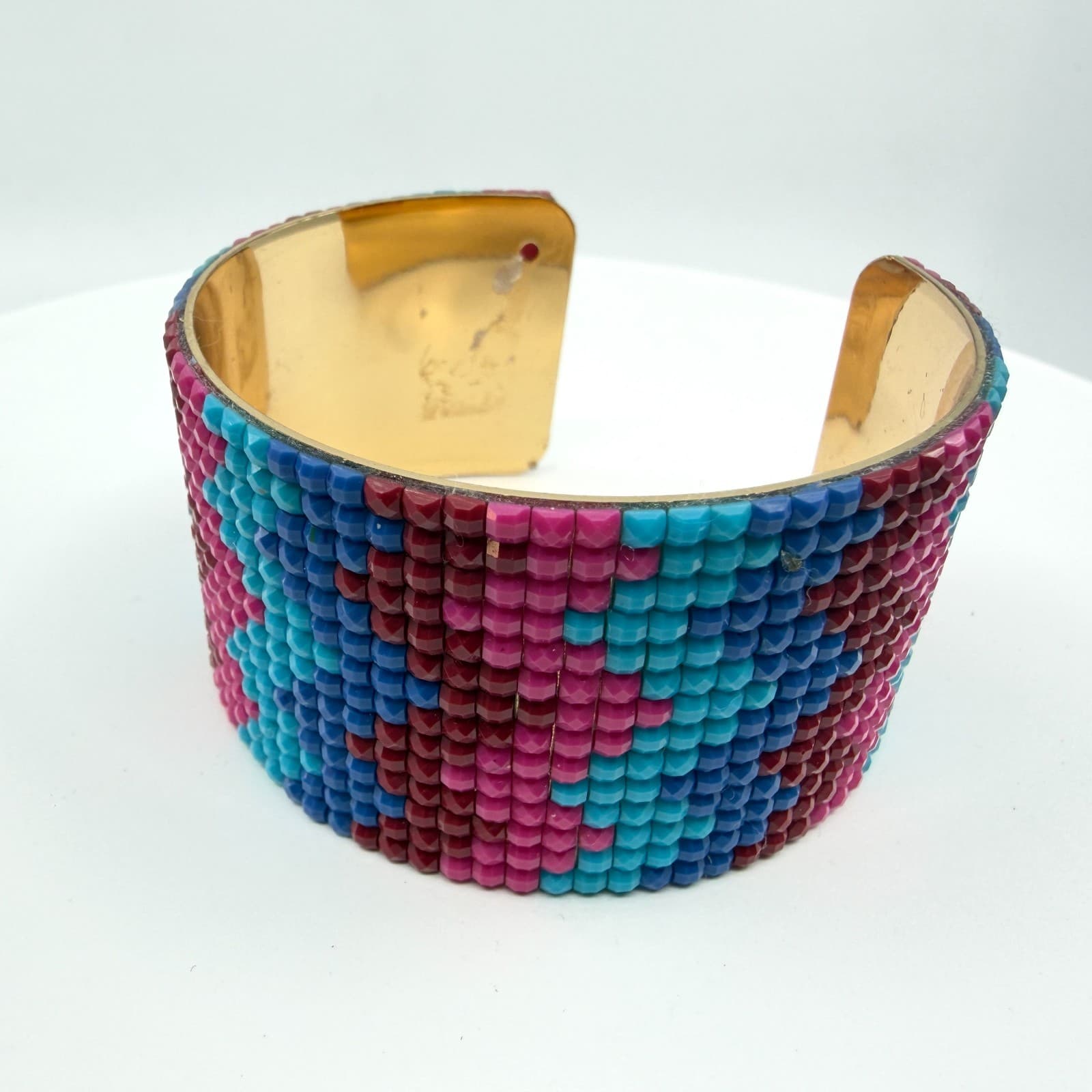 Boho Beaded Cuff Bracelet Vibrant Mosaic Pattern Gold Tone Wide Statement Piece - Thumbnail 2